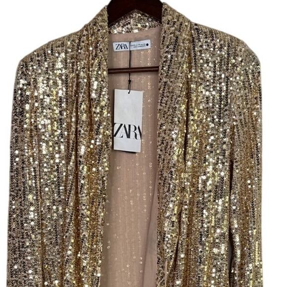 Zara Gold Sequin Wrap Tie Long Sleeve Tunic Mini Stretch Dress V Neck XS Gold - Picture 7 of 16
